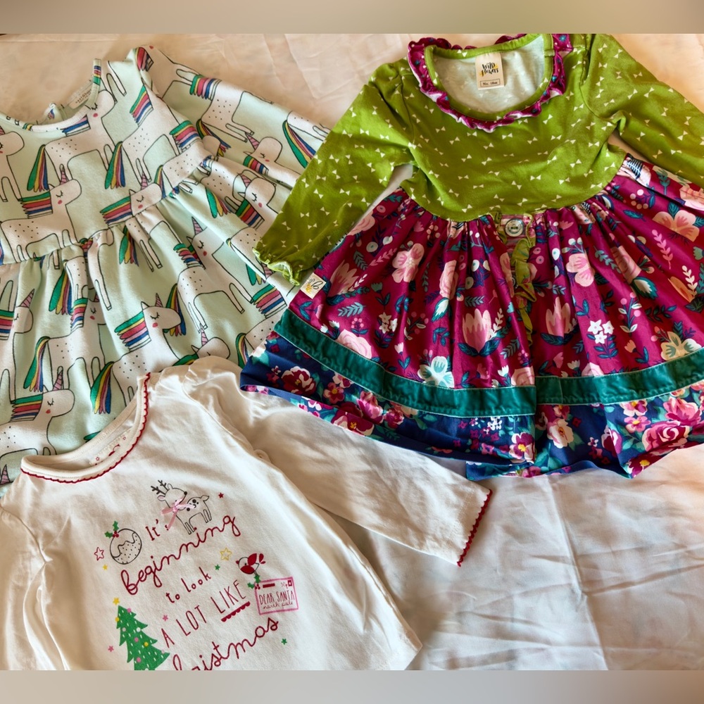 NEXT Unicorn Dress + Wildflowers Dress + Christmas Tee | 18–24M | Excellent